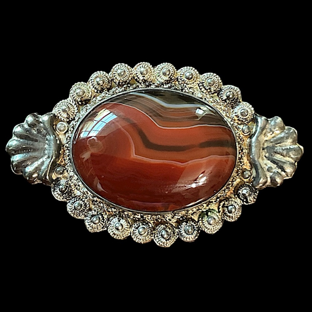 Large Antique Victorian Sterling Silver Agate C-Clasp Brooch